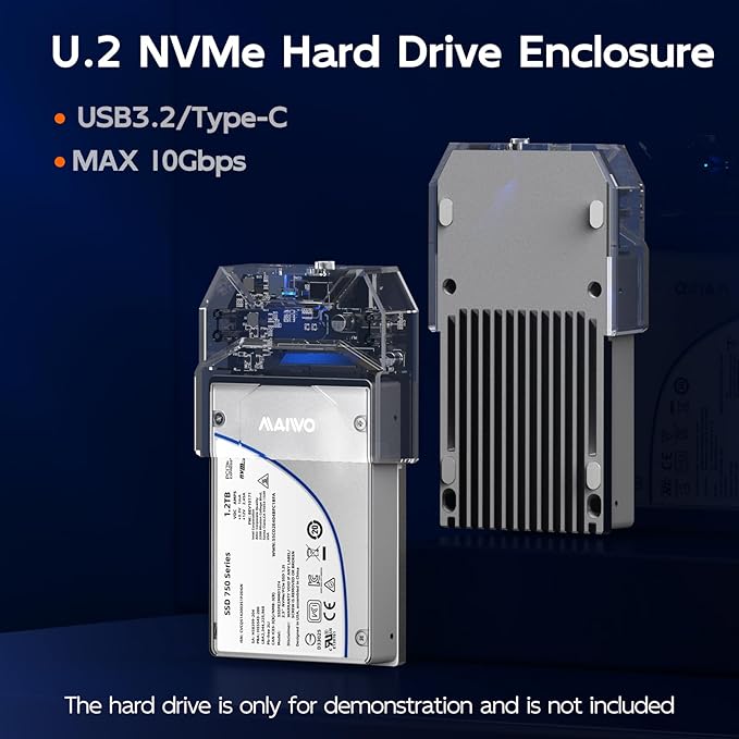 MAIWO U.2 NVMe SSD Enclosure, USB-C to U.2(SFF-8639) Adapter, External 2.5'' U.2 Enclosure, Tool Free, Clear, 12V/3A Power Supply Included, with Indicator Light