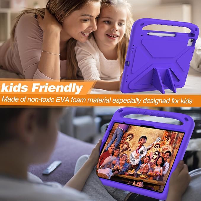 Kids Case for iPad Pro 12.9 inch Cover 6th/5th/4th/3rd Gen (2022/2021/2020/2018) with Kickstand/Handle/Stylus Pencil Holder Soft EVA Heavy Duty Shockproof Stand Girl Boy Cover, Purple