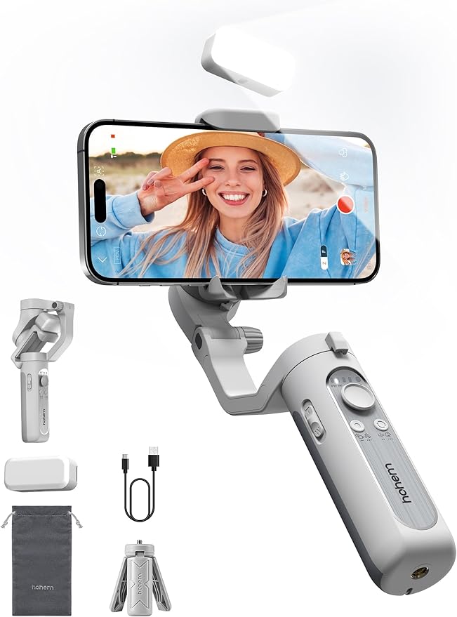 hohem iSteady XE Kit Gimbal Stabilizer for Smartphone, 3-Axis Phone Gimbal, Magnetic Fill Light, Portable and Foldable, Stabilizer for iPhone & Android, One-Key Inception, Ideal for Travel Vlogging