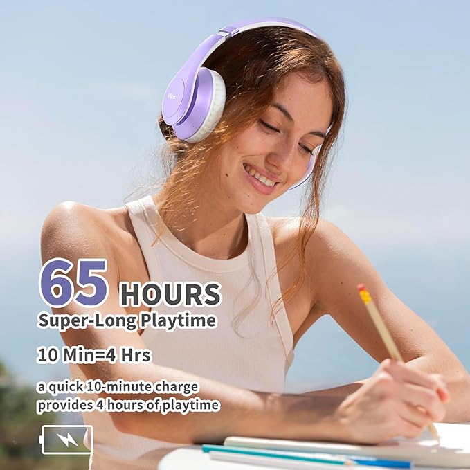Uliptz Wireless Bluetooth Headphones, 65H Playtime, 6EQ Sound Modes, HiFi Stereo Over Ear Headphones with Microphone, Foldable Bluetooth 6.0 Headphone for Travel/Office/Cellphone/PC (Purple)