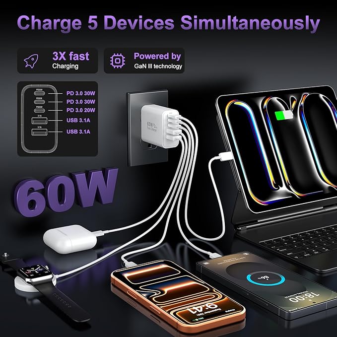USB C Fast Wall Charger Block, 2Pack 60W USBC Charging Cubes, 5-Port PD+QC Power Adapter Multiport Brick Type C Box Plug for Phone 16/15/14/13/12/11/Pro Max/Plus, Pad Mini/Pro/S25/S24-White+Black