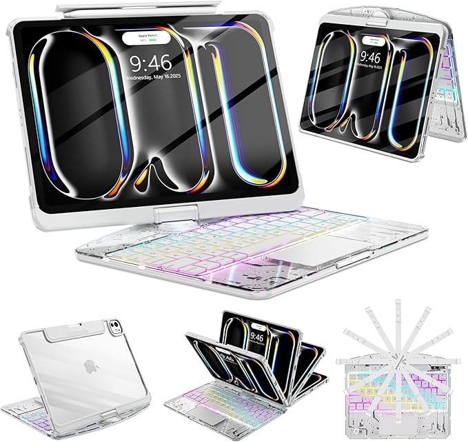 SIBEITU Keyboard Case for iPad Pro 11 Inch (M5 2025 / M4 2024), 360 Rotatable iPad Pro 11 Clear Cover with Multi-Touch Trackpad, 7-Color Backlight & 3 Brightness, High-Tech Visible PCB Design, White