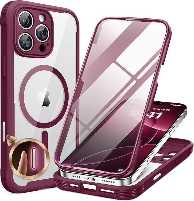 Miracase for iPhone 16 Pro Max Case 6.9'', [Bubble Free] Full-Body Bumper Phone case with Built-in Full Glass Screen &Lens Protector,Compatible with MagSafe,Drop Proof 16 Pro Max Cover,Plum | 6.9'', Bubble Free, Full-Body Bumper, Lens Protector