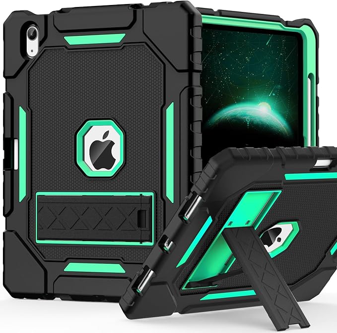 ZoneFoker Case for iPad (A16) 11th/10th Generation 11/10.9 inch 2025/2022, Heavy Duty Military Grade Shockproof Rugged Cover with Pencil Holder/Stand for i Pad 11th / 10 th Gen(Black+Teal)