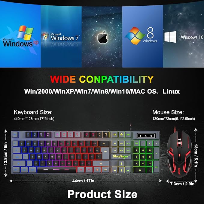BlueFinger RGB Gaming Keyboard and Backlit Mouse Combo, USB Wired, LED Gaming Set for Laptop PC Computer Game and Work(Gray & Black)