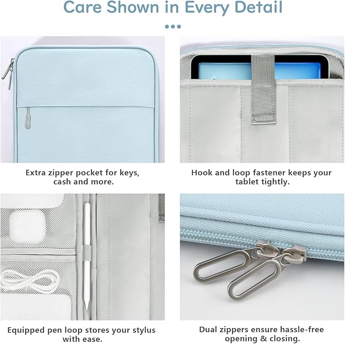 Dadanism 9-11 Inch Tablet Sleeve Padded Carrying Case for iPad (A16) 11th Gen 11", iPad 10th Gen 10.9", iPad Air M4/Pro M5 11", iPad Air 5/4, iPad 9/8/7th Gen, Galaxy Tab A11+ Plus 11", Milk Blue