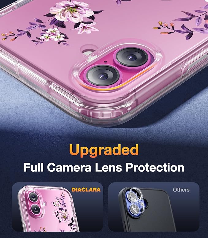 Diaclara Designed for iPhone 16 Case, Full Body Rugged Case with Built-in Touch Sensitive Anti-Scratch Screen Protector, Upgraded [Full Camera Protection] for iPhone 16 Holsters 6.1" (Clear Flower)