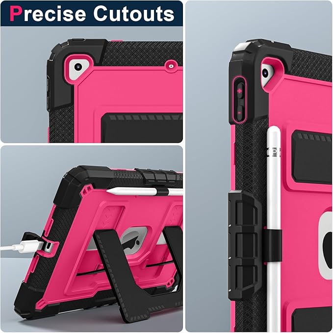 Kids Friendly Case for Apple iPad 10.2" 9th 8th 7th Generation 2021/2020/2019 Case with Pencil Holder & Shoulder Strap, Military Grade Shockproof Kickstand Hard Shell Protective Cover,Black+Rose