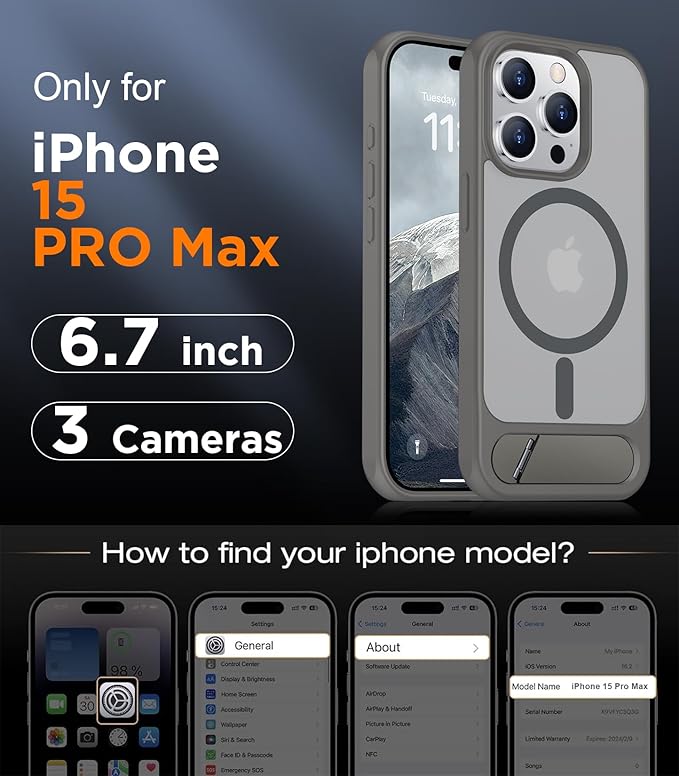 Magnetic Compatible with iPhone 15 Pro Max Case, [Built-in Invisible Kickstand][Compatible with MagSafe] [Military Grade Shockproof] Slim Translucent Matte Phone Case for iPhone 15 Pro Max 6.7"