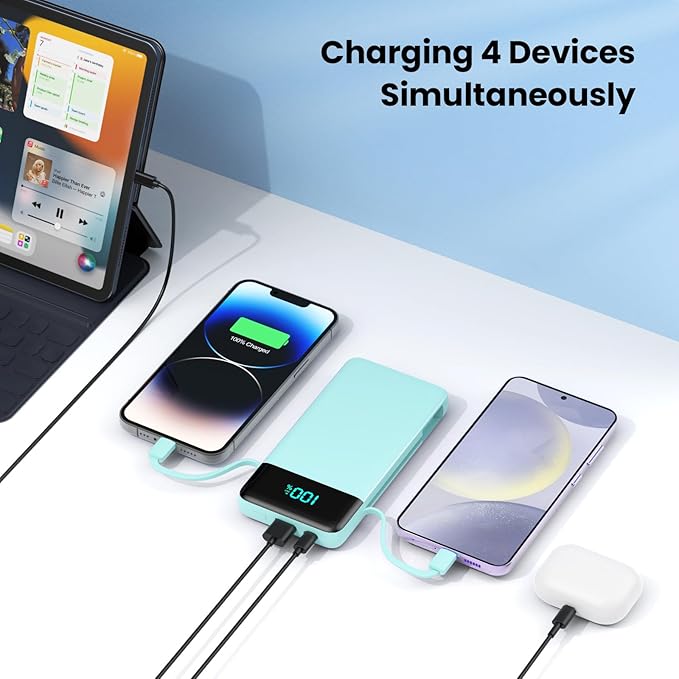 Portable Charger for iPhone,13800mAh Slim Power Bank with Built-in Cables & AC Wall Plug,All in One 4 Outputs USB C Fast Charging Battery Pack Travel Essential for iPhone 17/16/15/14,Android (Green)