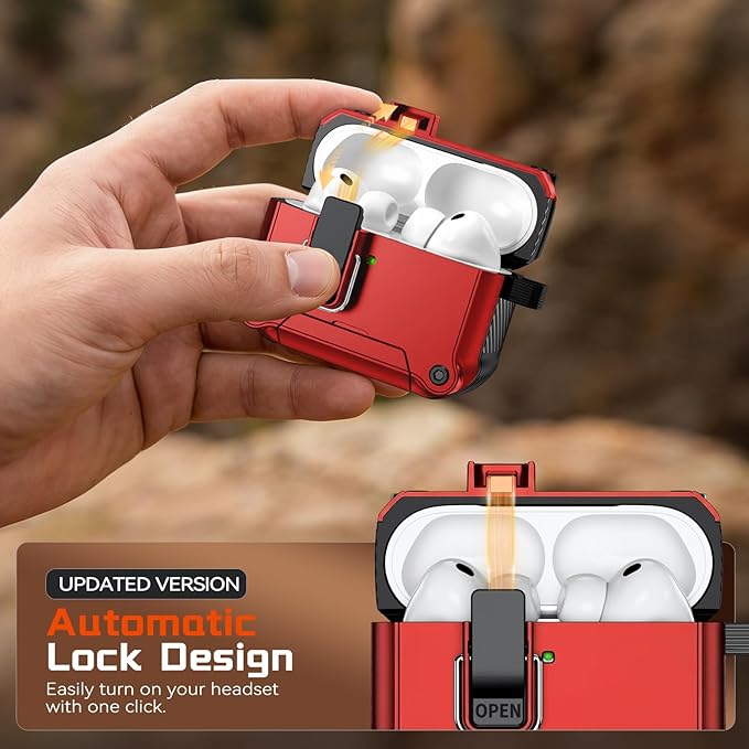 Inesore Compatible with AirPods Pro 3 Generation Case,Secure Lock & Phone Stand Design,Compatible with MagSafe,Automatic Snap Switch Secure Cover for New AirPods Pro 3rd (2025)-Red