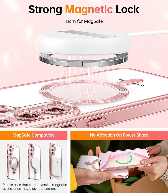 Meifigno Designed for Samsung Galaxy S25 Plus Case, [Compatible with MagSafe] [2X HD Screen Protectors] [Glitter Card & Wrist Strap] Surround Raised Lens Protection Case for S25 Plus 6.7", Rose Gold