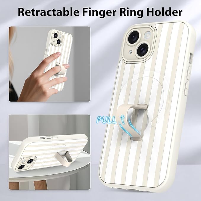 KANGHAR Compatible with iPhone 15 Case, Support for MagSafe, Silicone Stripes Cute Pattern, Wristband Kickstand Camera Protection Soft Slim Cover for Girls Women -White