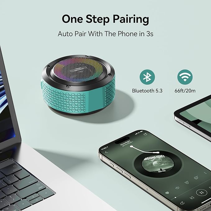 Shower Speaker, Certified IPX7 Waterproof,Portable Bluetooth Speaker with Suction Cup,Hook,Light, Stocking Stuffers, Premium Mini Outdoor Wireless Speaker, Ideal Gift for Christmas (Blue)