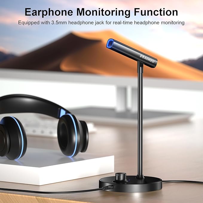 Aokeo USB Desktop Microphone, Computer Microphone for PC with Noise Cancellation & Click to Mute Function for Recording, Gaming, Podcasting, Streaming, YouTube, Mac, Laptop
