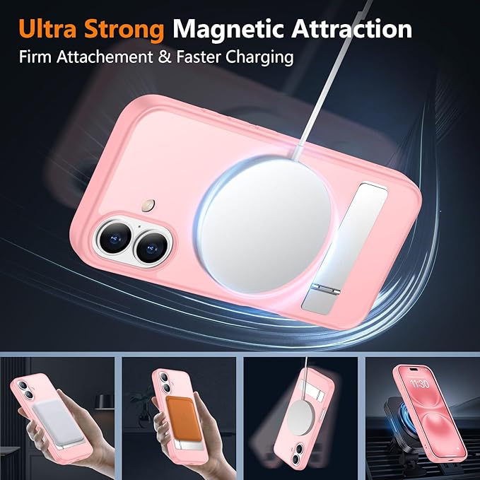 SPIDERCASE Magnetic for iPhone 16 Case,with [3 Stand Ways] [Military Grade Drop Protection] with Invisible Stand Shockproof Slim Phone Case for iPhone 16 6.1'',Light Pink