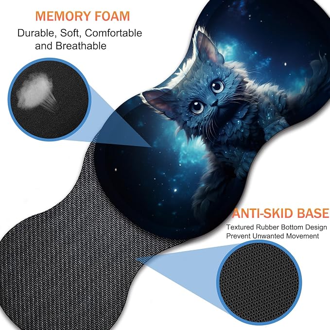 Extended Non-Slip Mouse Pad + Mouse Wrist Rest + Lace-Shaped Coaster Set, Ergonomic Design, Suitable for Desk and Home Gaming Table Mat, Galaxy Cat