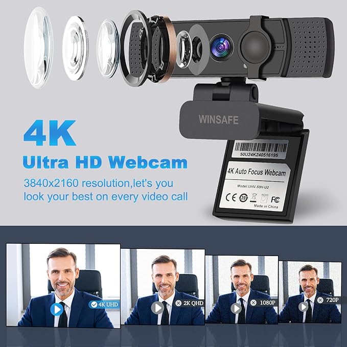 4K Webcam for PC, UHD Video Calling, PDAF AutoFocus, Dual Noise-Canceling Microphones, 70° FOV, 1080P@60FPS, Privacy Cover, USB Plug&Play, Works with Teams, Zoom, OBS, Skype
