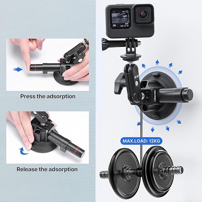 UURig SC-01 Suction Mount 3" for Vlogging Action Camera Car w Smartphone Clamp Compatible with DJI OSMO Pocket 3/Pocket 4/OSMO 360/Insta 360 x5/Xtra/iPhone 17 16 15 14,1/4" Magic Arm Windshield Window