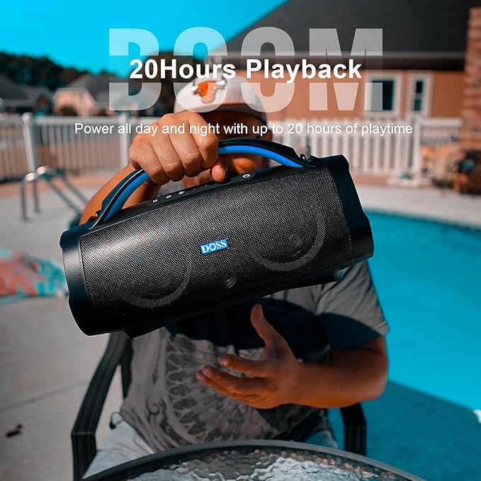 DOSS Extreme Boom Pro 100W Portable Speaker, 2+2 Channel, Deep Bass, IPX6 Waterproof, Bluetooth 5.3, 20H Playtime, Power Bank, Dynamic RGB Lights, Outdoor Speaker for Camping, Beach, Poolside - Blue
