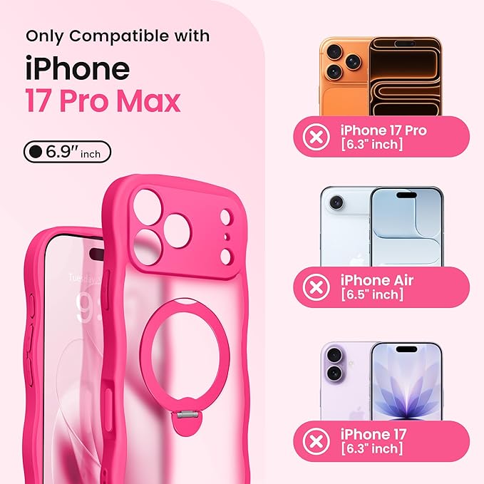 CAPRARO for iPhone 17 Pro Max Case with 360° Spin Magnetic Stand for Women, [Compatible with MagSafe] [Full Camera Protection] Cute Wave Translucent Matte Case for iPhone 17 Pro Max,Hot Pink