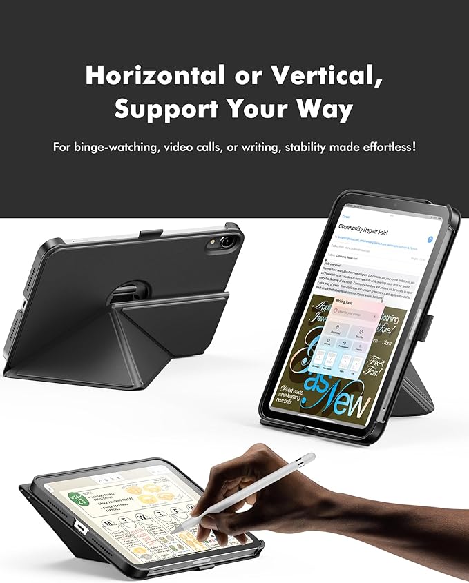 INFILAND Case for iPad mini 7 (A17 Pro) 2024 / iPad mini 6 2021, Magnetic Origami Slim Protective Case, Book-Style Foldable Cover with Pencil Holder, Multi-Angle Stand, Auto Wake/Sleep, Black