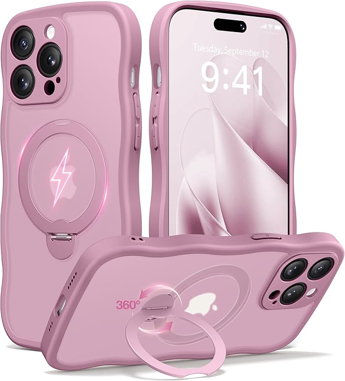 CAPRARO for iPhone 14 Pro Max Case with 360° Spin Magnetic Stand for Women, [Compatible with MagSafe] [Full Camera Protection] Cute Wave Translucent Matte Case for iPhone 14 Pro Max, Black Currant