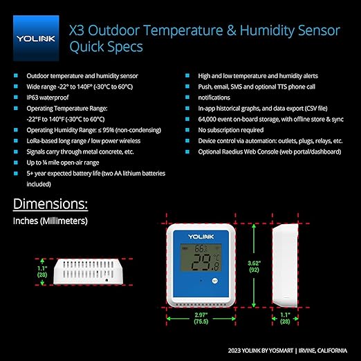 YoLink X3 Outdoor Temperature and Humidity Sensor with Data Logger, Thermometer, 1/4 Mile Range, 5+ Years Battery Life, Emails, Text, App Alerts, Alexa, IFTTT. Hub Required!
