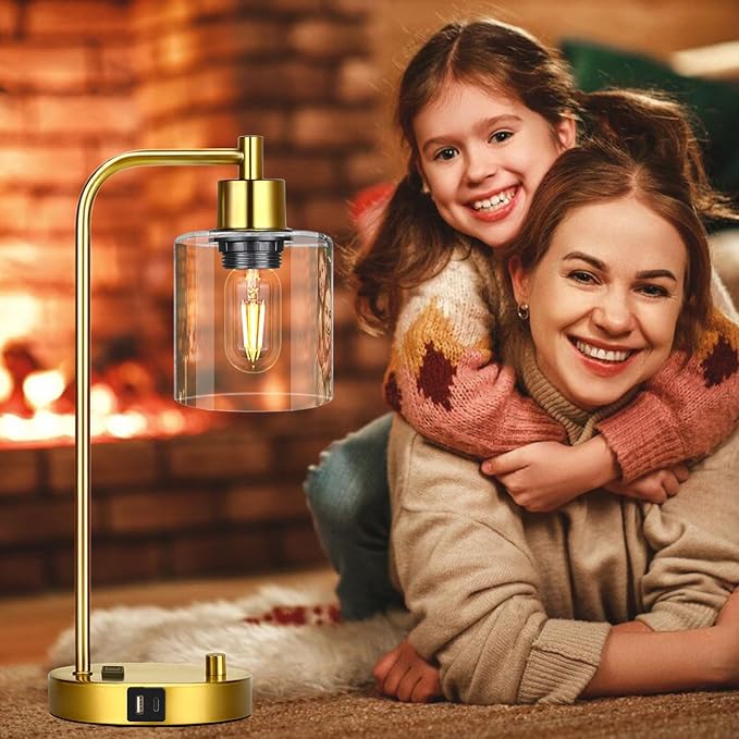 Gold Industrial Table Lamp with USB A+C Ports & Outlet, Fully Stepless Dimmable Modern Nightstand Lamp, Glass Shade Bedside Desk Lamp for Bedroom Living Room Office, 8W 2700K LED Edison Bulb Included