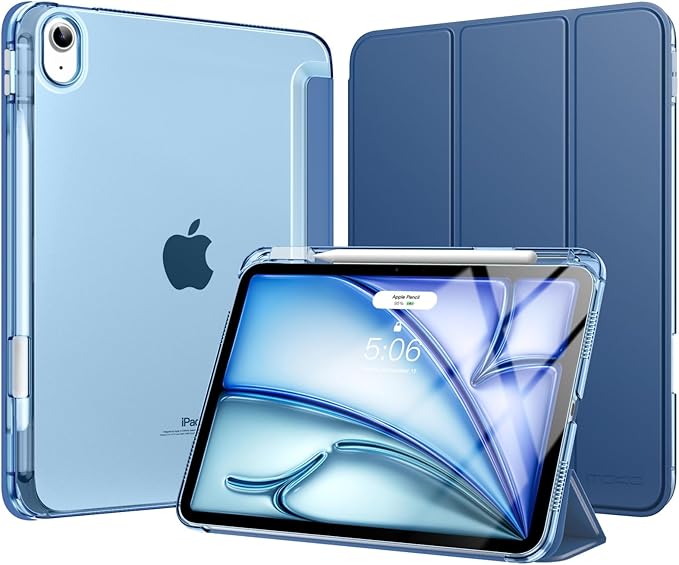 MoKo for iPad Air 11 inch Case (M4/M3/M2) 2026/2025/2024, iPad Air 5th/4th Gen 10.9 inch Case 2022/2020 with Pencil Holder, Slim Light Trifold Cover with Hard PC Translucent Back Shell, Denim