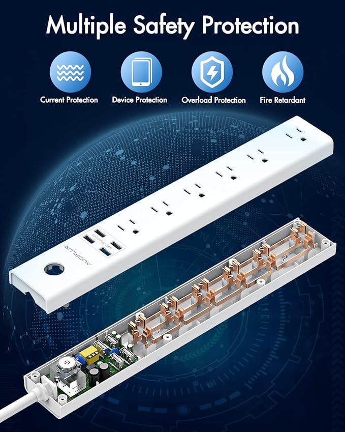15 Ft Power Strip Surge Protector, 6 Outlets and 4 USB Ports, Flat Plug Power Strips Long Extension Cord with Overload Protection, Wall Mount for Home, Office, Dorm, ETL Listed