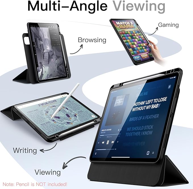 JETech Magnetic Detachable Case for iPad Pro 13-Inch M5/M4 (2025/2024) with Pencil Holder, Removable Rotating Clear Cover, Portrait/Landscape Stand with Raised Screen View (Black)