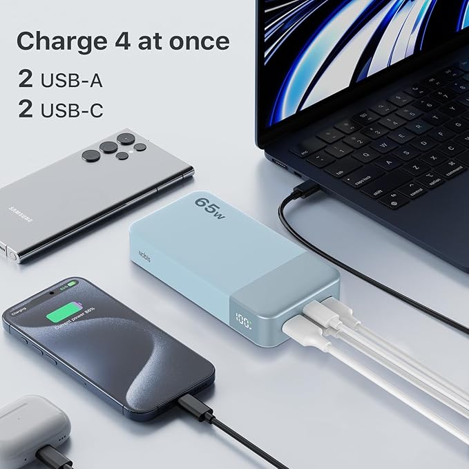 NOBIS Portable Charger, 20000mAh 65W Power Bank with 4 Output Ports, PD QC Fast Charging Travel Essential External Battery Pack for Laptop, MacBook, Phone, Pad (Blue)