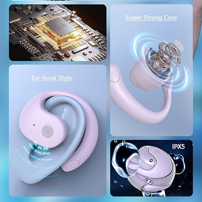 Earphone Wireless Bluetooth, OWS Hanging Bluetooth 5.4 Earphones, Open Ear Headset Ball - Portable and Comfortable, HiFi Stereo Sound Headphones Noise Cancelling Running Sport (Purple)