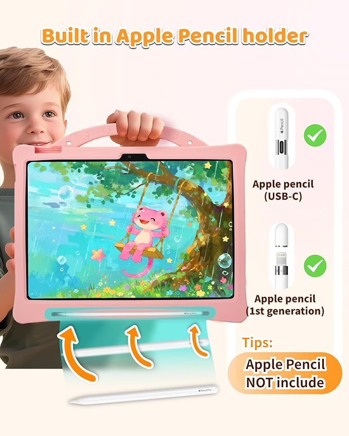 Kids Case for iPad Air 11 Inch 6th (M2 M3) / iPad Pro 11" 4th/3rd/2nd/1st / iPad Air 5/4 10.9", Axolotl Cute Silicone Cover with 360 Rotating Stand, Detachable Strap & Stylus Holder (Pink)