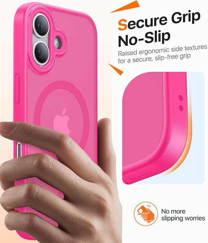 Magnetic for iPhone 17 Case,[Anti-Slip][Compatible with MagSafe][Military Grade Drop Protection] Shockproof Protective Translucent Matte Phone Case for iPhone 17 Case,Hot Pink