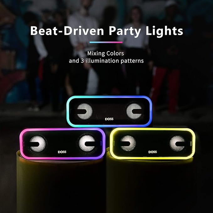 DOSS SoundBox Pro+ Bluetooth Speaker, Immersive 24W Stereo Sound with Booming Bass, IPX6 Waterproof, 15H Playtime, Mixed Colors Lights, Wireless for Backyard, Hiking, Garage, Party-Black