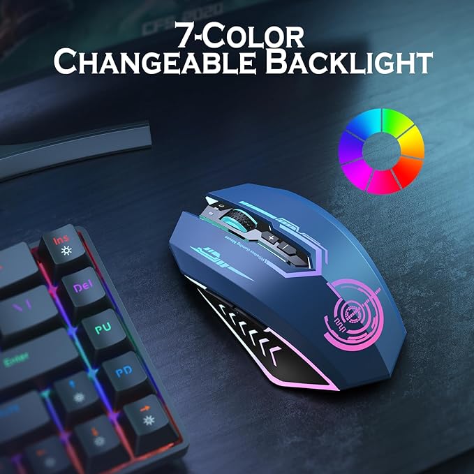 UHURU Gaming Mouse, Wireless Gaming Mouse with 7 Buttons 7 Changeable LED Color up to 12000 DPI, Rechargeable USB Gamer Mouse for PC Laptop (Blue)
