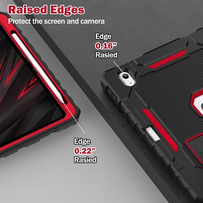 ZoneFoker Case for iPad (A16) 11th/10th Generation 11/10.9 inch 2025/2022, Heavy Duty Military Grade Shockproof Rugged Cover with Pencil Holder/Stand for i Pad 11th / 10 th Gen (Black+Red)