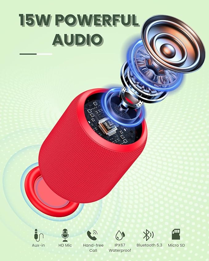 NOTABRICK Bluetooth Speaker with15W, IPX67 Waterproof Portable Speakers Bluetooth Wireless V5.0, Stereo Sound, Active Extra Bass, Double Pairing, for Party, Home Theater, Game Theater, Red