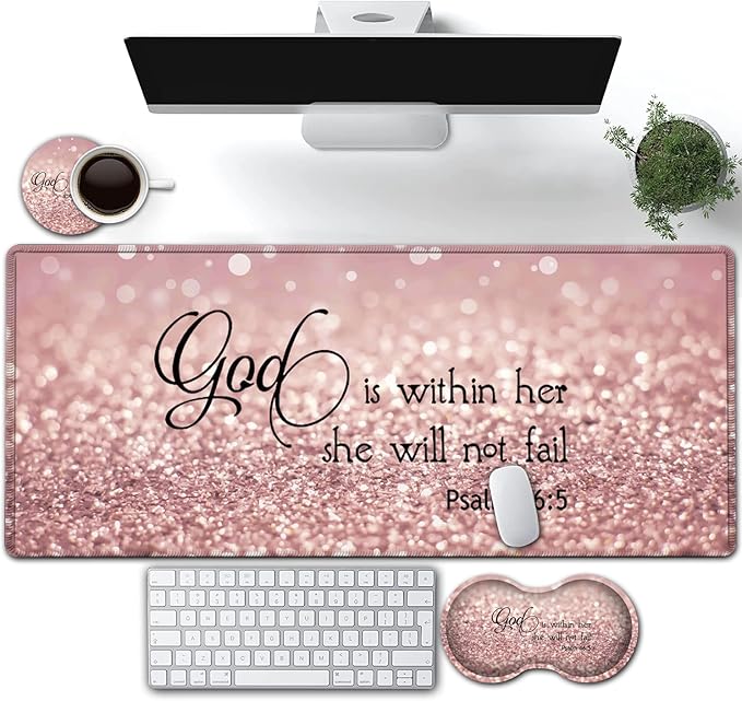 Large Gaming Mouse Pad, Extended Waterproof Desk Pad Protector (31.5" x 11.8") Ergonomics Memory Foam Mouse Wrist Rest Support, for Home Office Laptop Easy Typing, Psalm 46:5 Bible Pink Mouse Mat