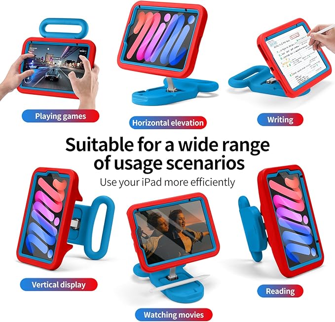Kids Case for iPad mini 7 (A17 Pro) 2024 / iPad mini 6 2021, Child Friendly Case with Adjustable Portrait/Landscape Stand,Heavy Duty Cover with Screen Protector for iPad mini 7/6 8.3 inch(Redblue)