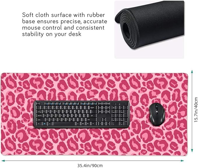 Pink Leopard Print Mouse Pads XXL Extended Mousepad with Stitched Edges Non-Slip Rubber Base Computer Keyboard Pad Desk Mat for Home Office Desk Decor, 35.4" X 15.7"