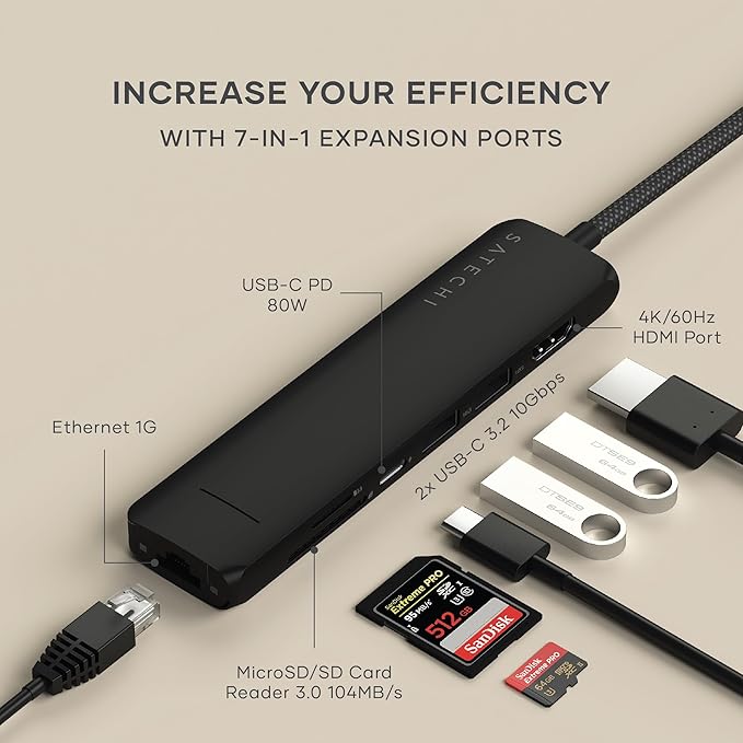 Satechi 7 in 1 USB C Hub Multiport Adapter with Ethernet, HDMI 4K@60Hz, 100W PD Charging, 2X USB-A Data Ports, Micro/SD Card Readers for MacBook Air/Pro/Neo, iPad Air/Pro, Windows - Black