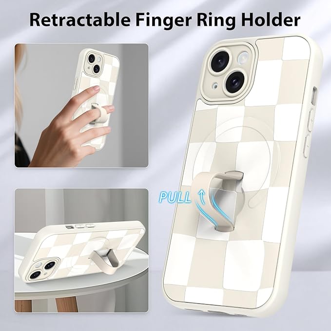 KANGHAR Compatible with iPhone 15 Case, Support for MagSafe, Silicone Checkered Cute Pattern, Wristband Kickstand Camera Protection Soft Slim Cover for Girls Women -White