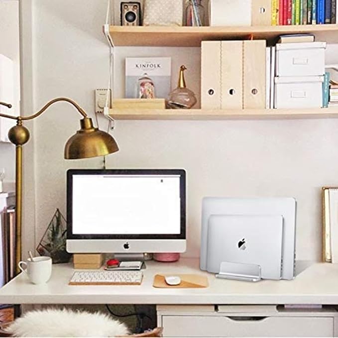 Universal Laptop Vertical Stand, Dual Desktop Adjustable Notebook Stand (up to 17.3 inches) for Samsung/HP/Dell/Chrome Book laptops (Silver)