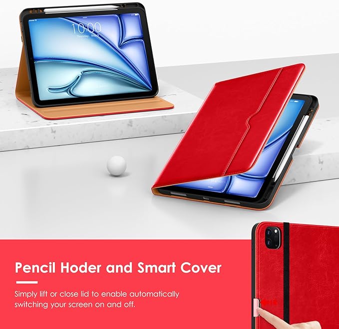 VIKESI Case for iPad Air 13 inch (M4) 2026 / (M3) 2025 / (M2) 2024,Premium Leather Folio,Apple Pencil Holder,Auto Sleep/Wake,Stand Cover - Bright Red