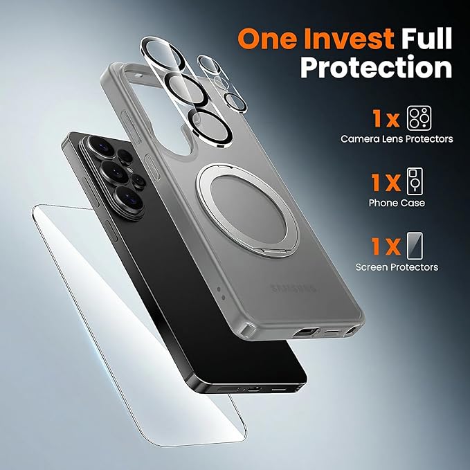 360°Ring Stand for Samsung Galaxy S26 Ultra Case with 1X Screen Protector +1X Camera Cover,Fit for MagSafe, Translucent Matte Cover & Scratch-Resistant Back Cover for Galaxy S26 Ultra 6.9", Gray