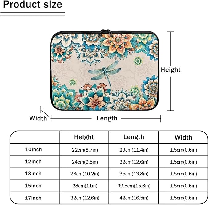Boho Flower Dragonfly Laptop Protective Sleeve for Women Men Computer Sleeve 13 Inch Laptop Case Bag Lightweight Computer Carrying Case Suitable GITS for Teens Tablet Bags