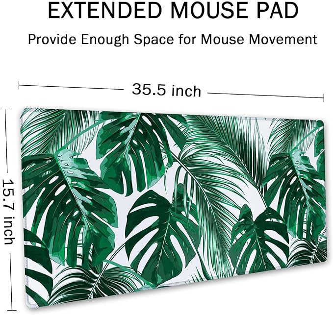 SSOIU Extended Gaming Mouse Pad (35.5x15.7 in), Large Stable Rubber Base Mousepad with Stitched Edges, Keyboard Mouse Mat Desk Pad for Work, Game, Office, Home - Tropical Palm Leaves